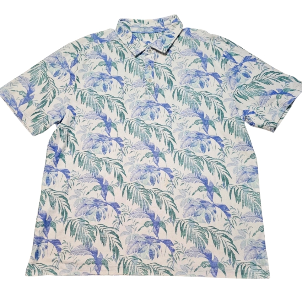 Tommy Bahama Polo Shirt Men's XL White Blue Botanical Print Short Sleeve Logo